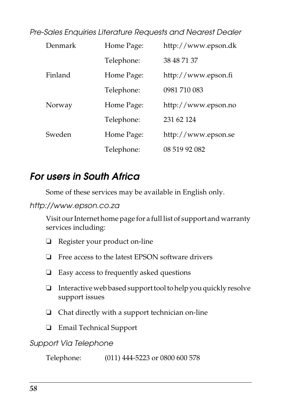 For users in south africa, Http://www.epson.co.za, Support via telephone | Epson 1290 User Manual | Page 64 / 76