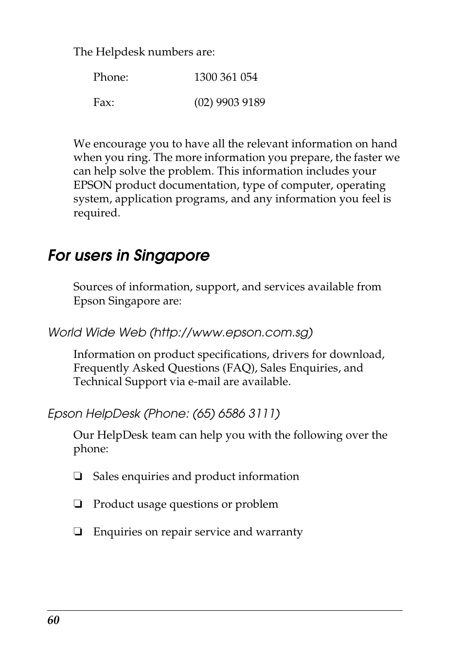 For users in singapore, World wide web (http://www.epson.com.sg), Epson helpdesk (phone: (65) 6586 3111) | Epson 1290 User Manual | Page 66 / 76