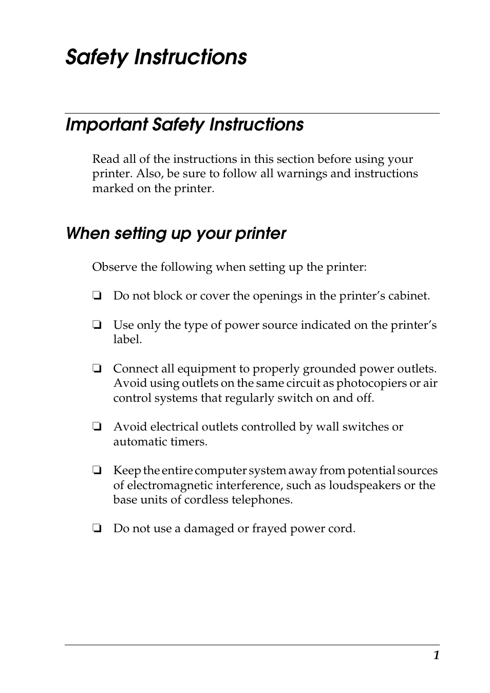 Safety instructions, Important safety instructions, When setting up your printer | Epson 1290 User Manual | Page 7 / 76