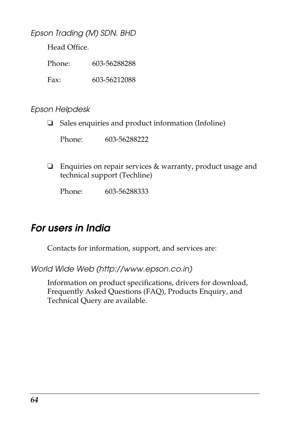 Epson trading (m) sdn. bhd, Epson helpdesk, For users in india | World wide web (http://www.epson.co.in) | Epson 1290 User Manual | Page 70 / 76