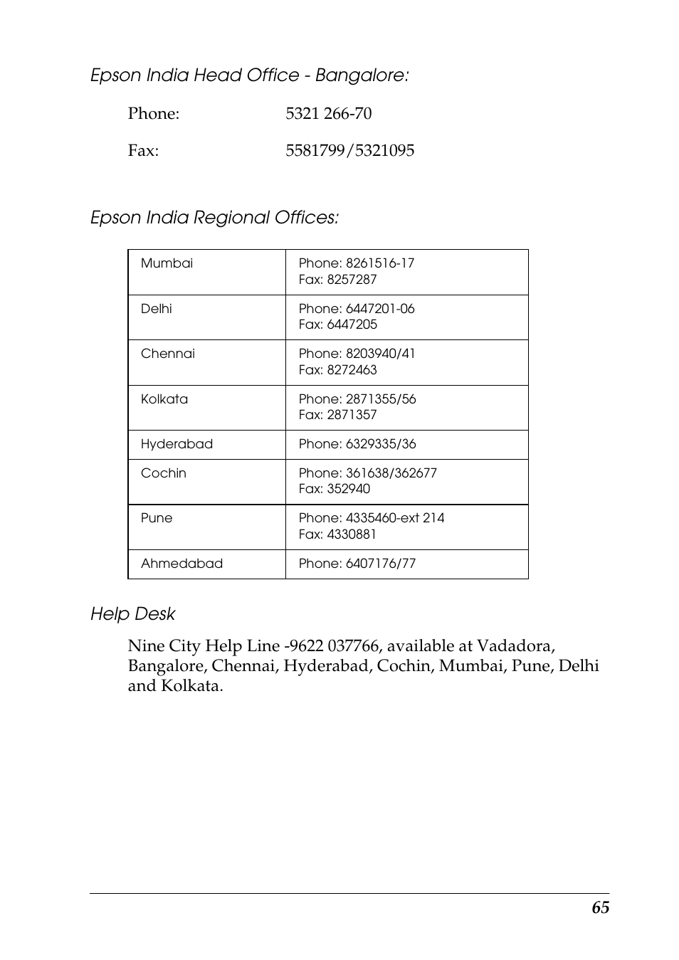 Epson india head office - bangalore, Epson india regional offices, Help desk | Epson 1290 User Manual | Page 71 / 76