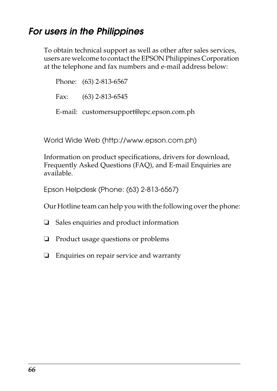 For users in the philippines, World wide web (http://www.epson.com.ph), Epson helpdesk | Epson 1290 User Manual | Page 72 / 76