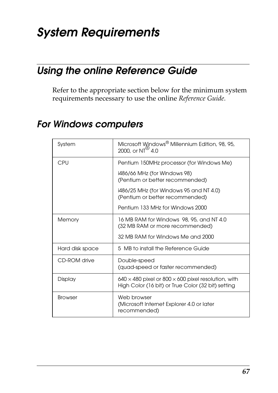 System requirements, Using the online reference guide, For windows computers | Epson 1290 User Manual | Page 73 / 76