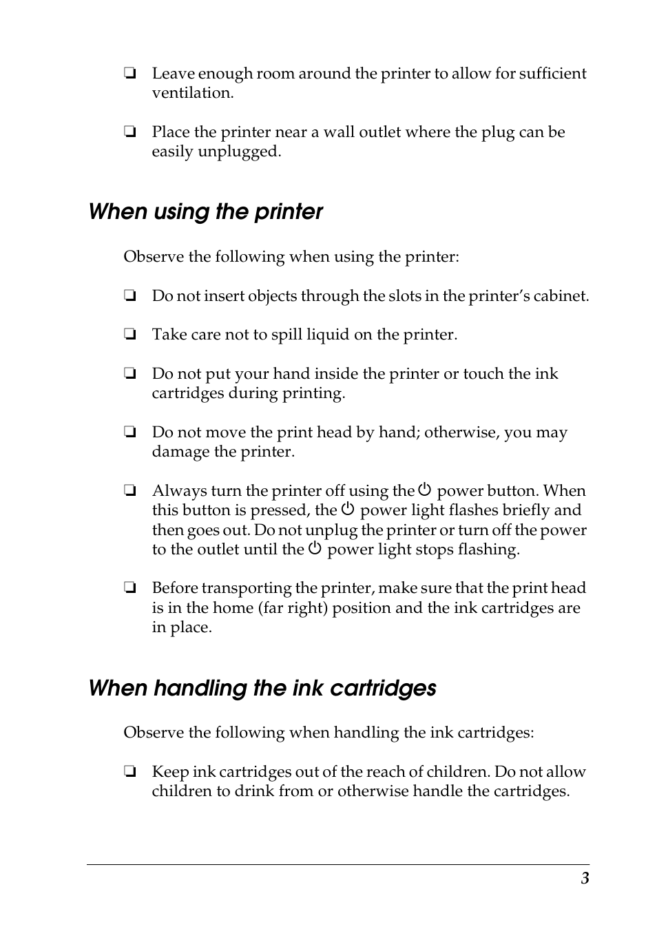 When using the printer, When handling the ink cartridges | Epson 1290 User Manual | Page 9 / 76