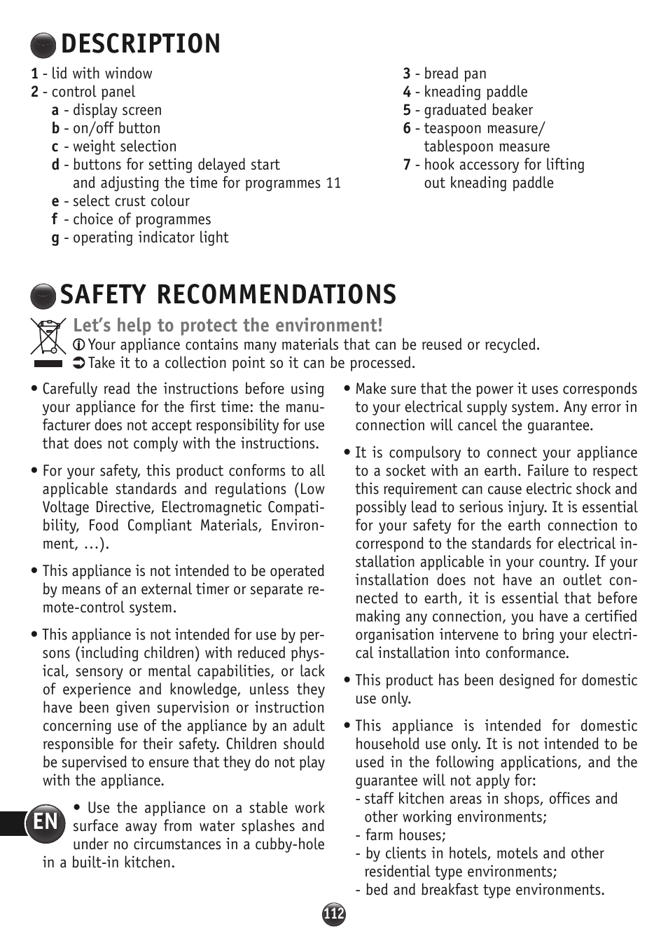 Description, Safety recommendations, Let’s help to protect the environment | Moulinex OW310E32 User Manual | Page 112 / 128
