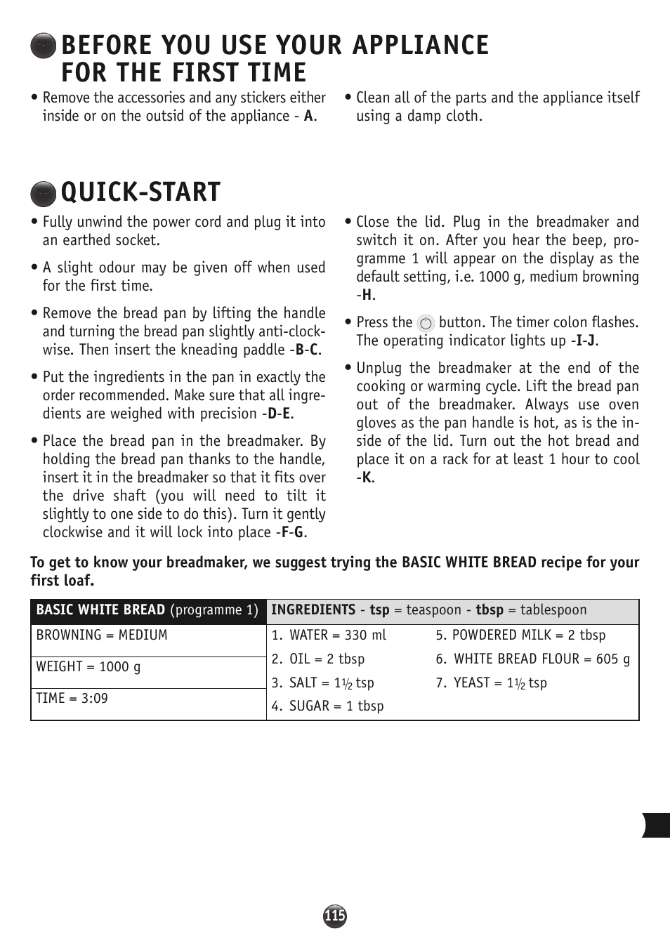 Before you use your appliance for the first time, Quick-start | Moulinex OW310E32 User Manual | Page 115 / 128