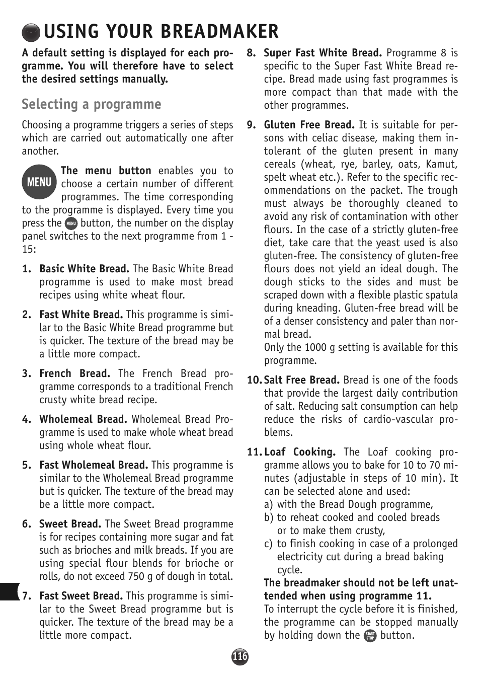 Using your breadmaker, Selecting a programme | Moulinex OW310E32 User Manual | Page 116 / 128