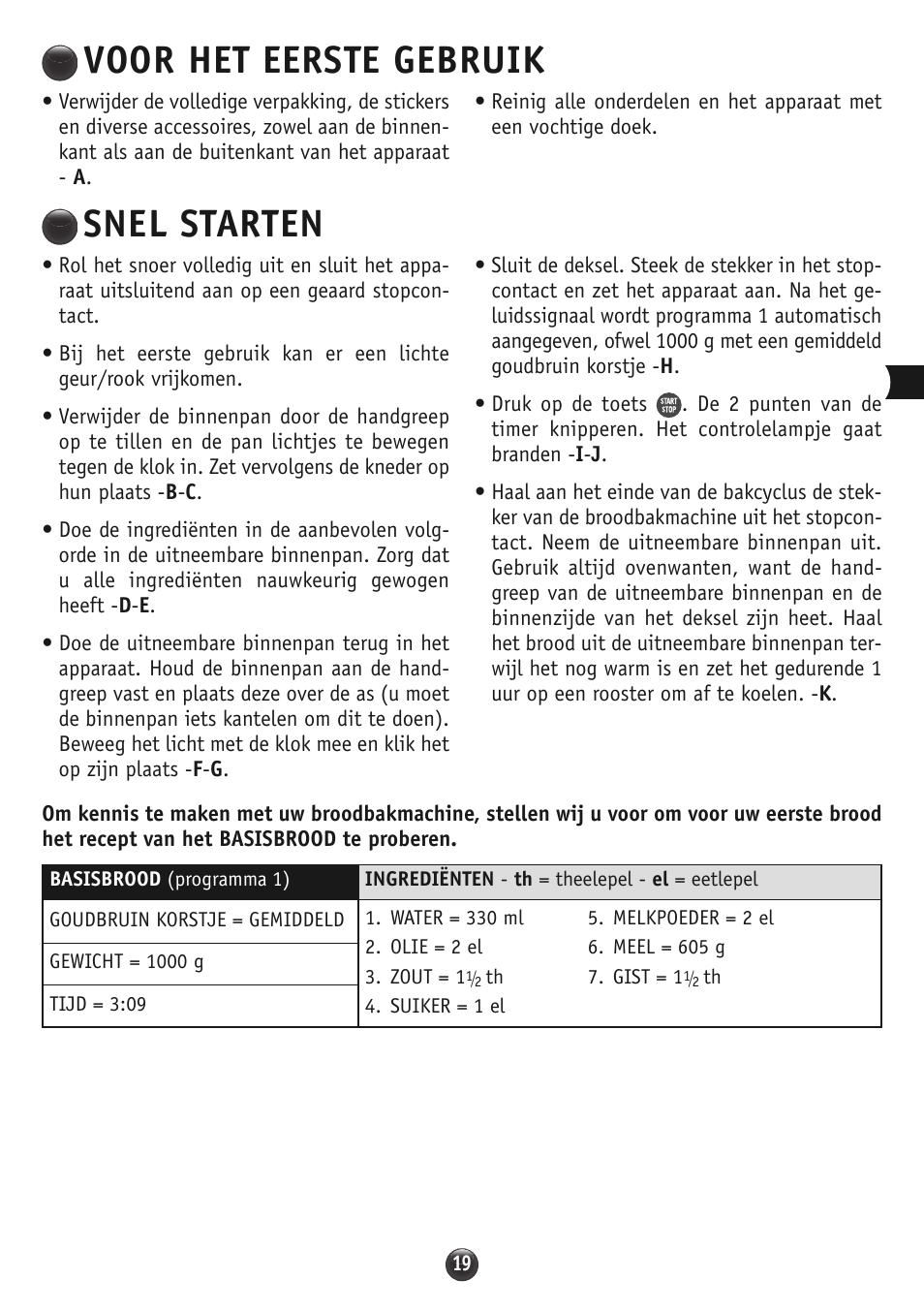 Voor het eerste gebruik, Snel starten | Moulinex OW310E32 User Manual | Page 19 / 128