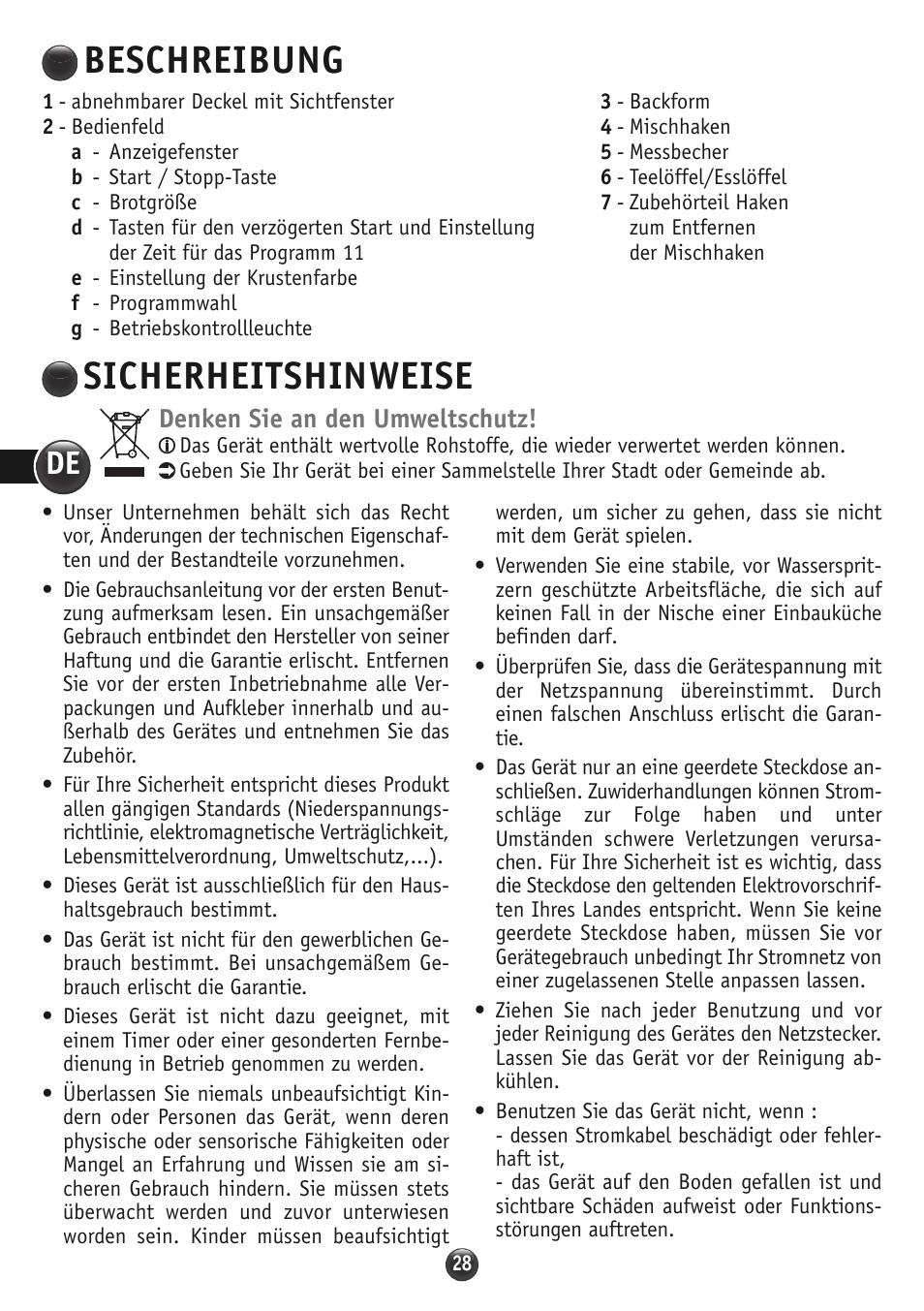Beschreibung, Sicherheitshinweise, Denken sie an den umweltschutz | Moulinex OW310E32 User Manual | Page 28 / 128
