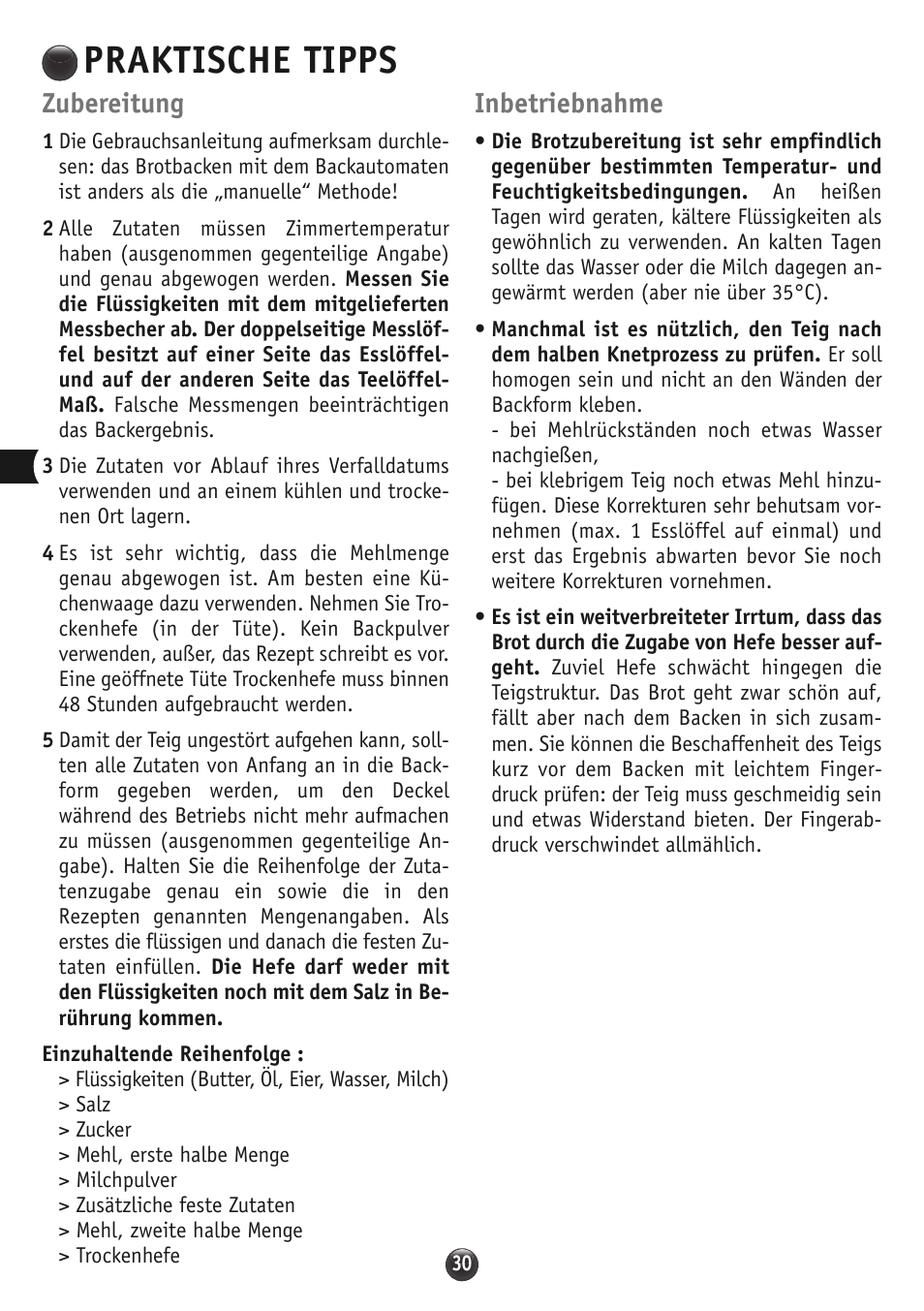 Praktische tipps, Zubereitung, Inbetriebnahme | Moulinex OW310E32 User Manual | Page 30 / 128