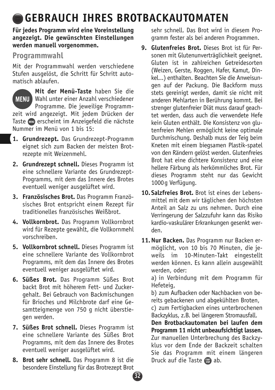 Gebrauch ihres brotbackautomaten, Programmwahl | Moulinex OW310E32 User Manual | Page 32 / 128