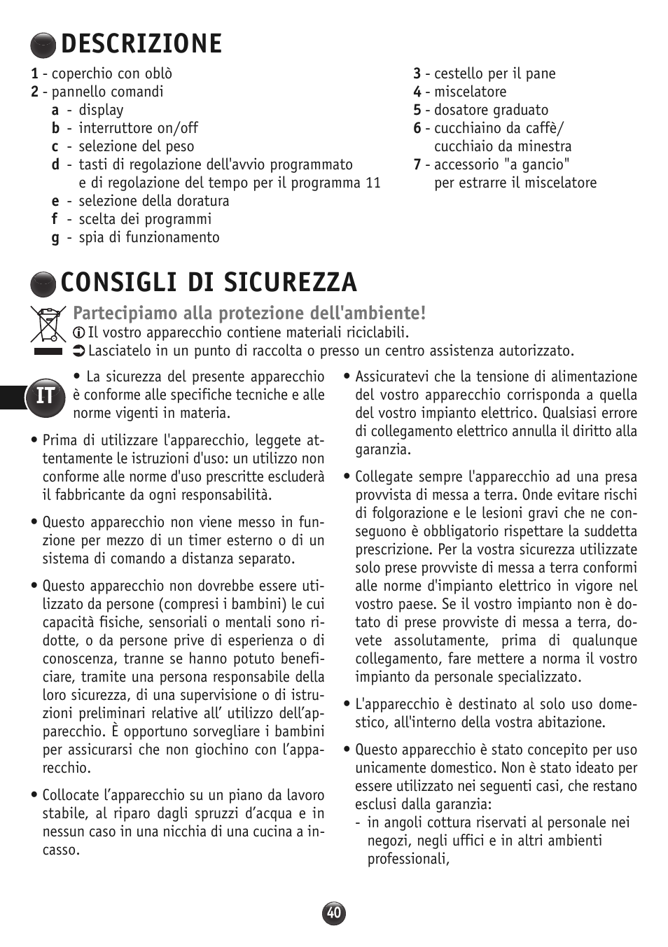 Descrizione, Consigli di sicurezza | Moulinex OW310E32 User Manual | Page 40 / 128