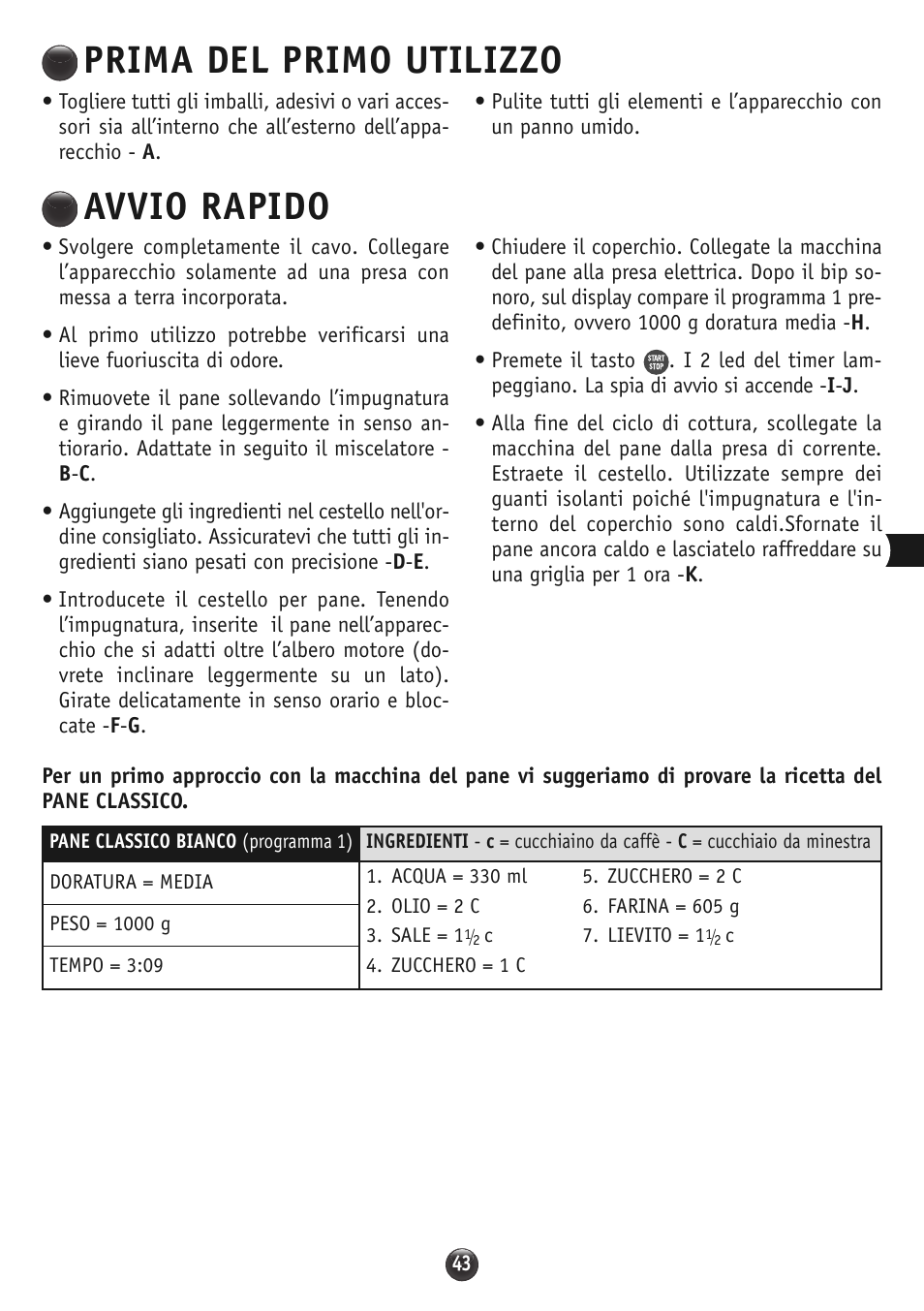 Avvio rapido, Prima del primo utilizzo | Moulinex OW310E32 User Manual | Page 43 / 128