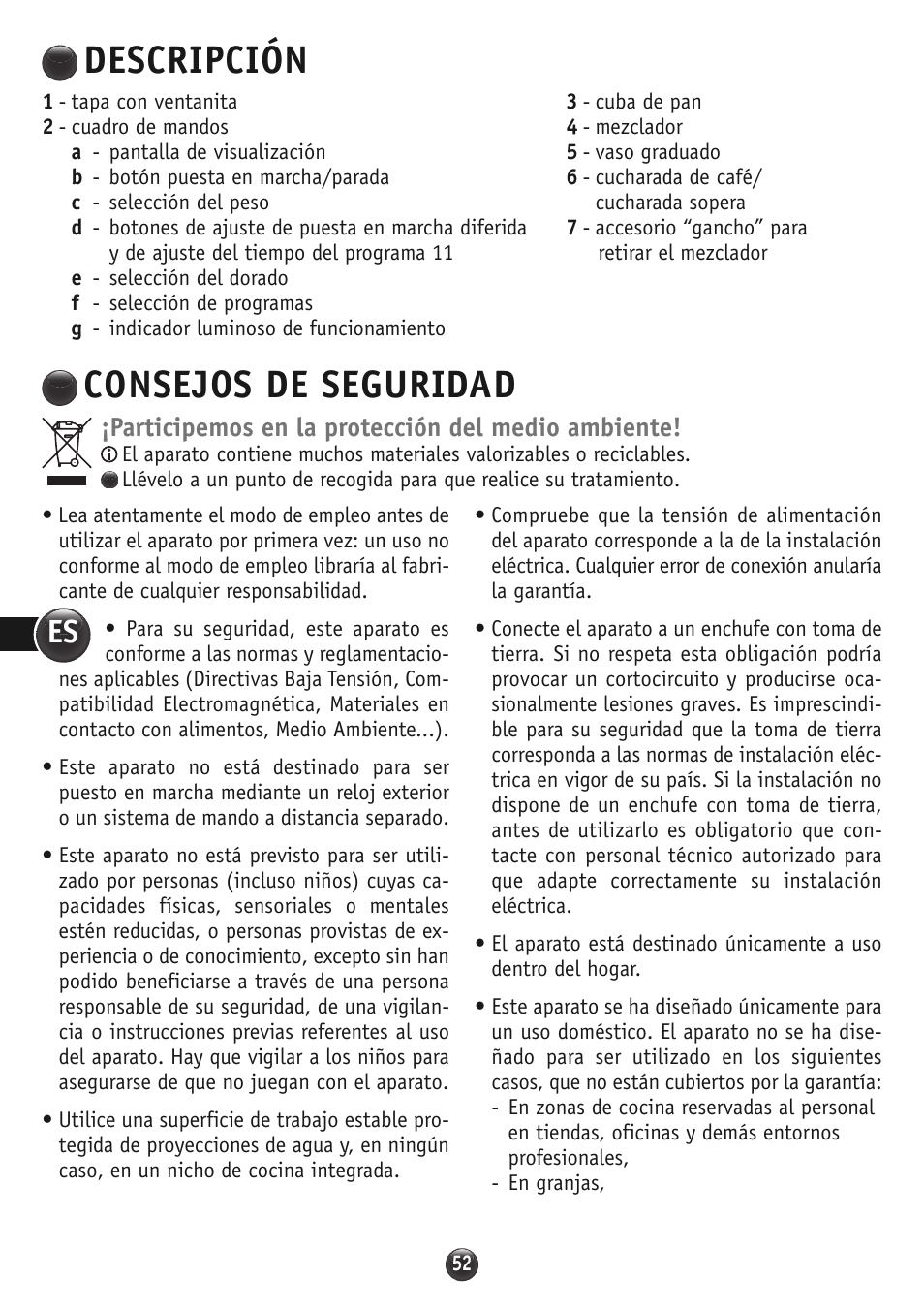 Descripción, Consejos de seguridad, Participemos en la protección del medio ambiente | Moulinex OW310E32 User Manual | Page 52 / 128