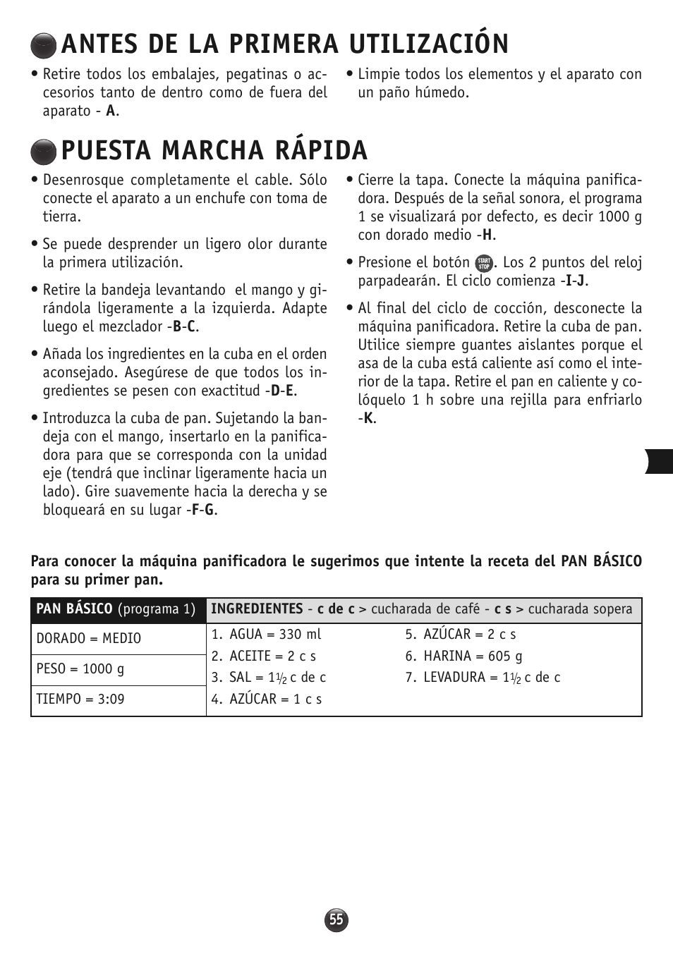 Puesta marcha rápida, Antes de la primera utilización | Moulinex OW310E32 User Manual | Page 55 / 128