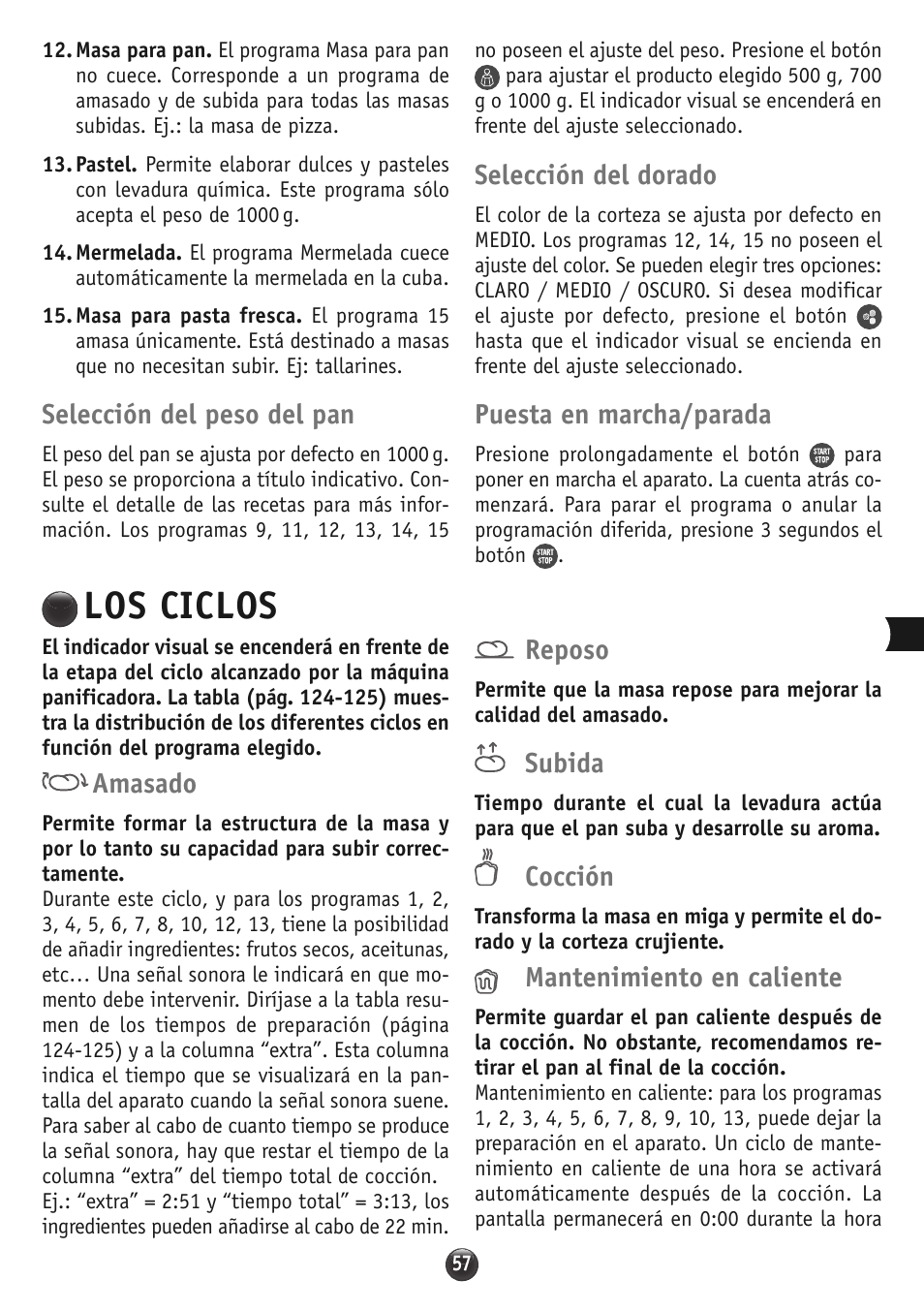 Los ciclos, Selección del peso del pan, Selección del dorado | Puesta en marcha/parada, Amasado, Reposo, Subida, Cocción, Mantenimiento en caliente | Moulinex OW310E32 User Manual | Page 57 / 128