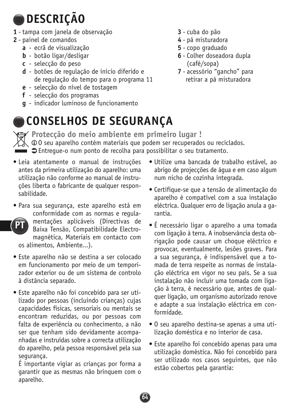 Descrição, Conselhos de segurança, Protecção do meio ambiente em primeiro lugar | Moulinex OW310E32 User Manual | Page 64 / 128