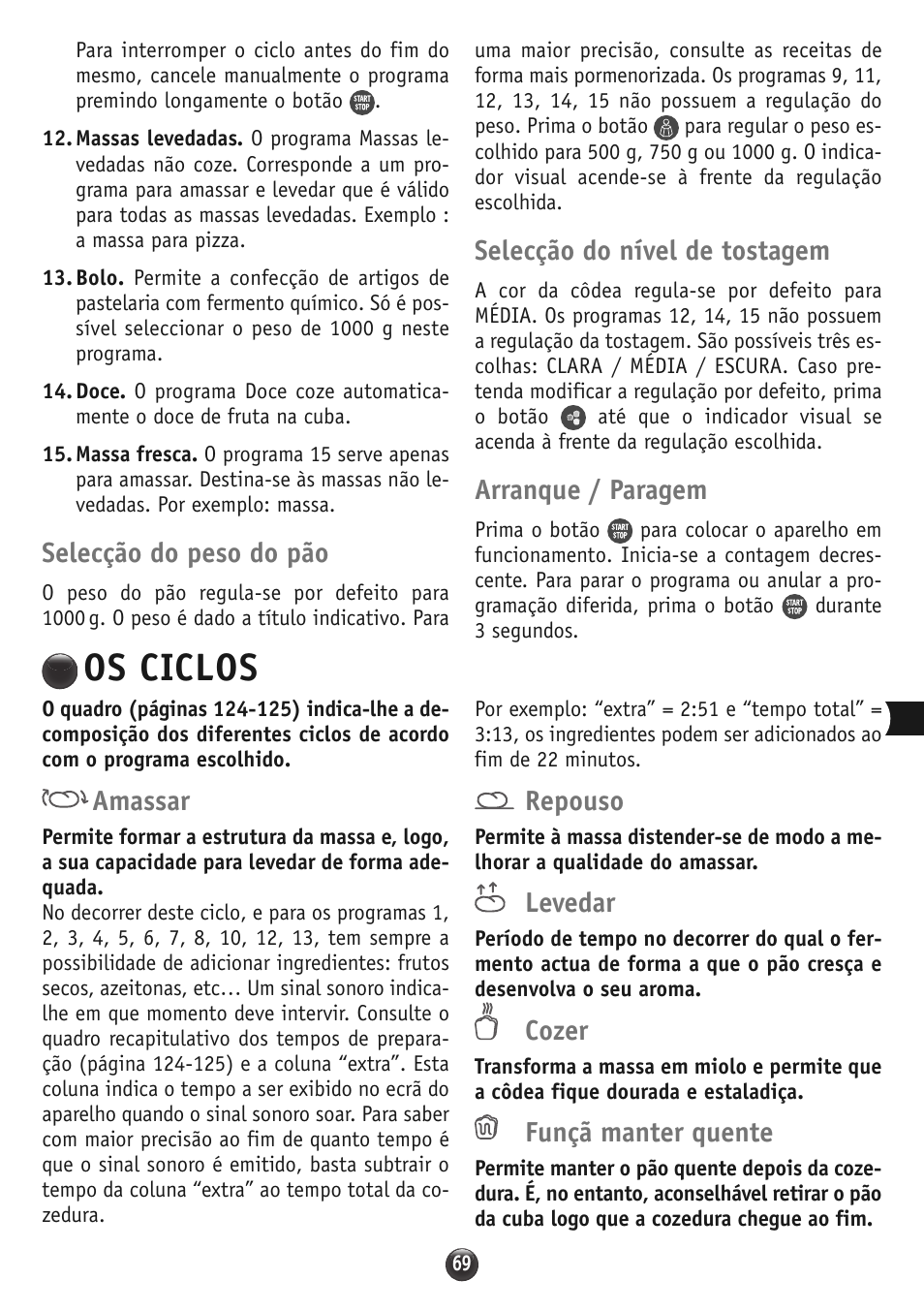 Os ciclos, Selecção do peso do pão, Selecção do nível de tostagem | Arranque / paragem, Amassar, Repouso, Levedar, Cozer, Funçã manter quente | Moulinex OW310E32 User Manual | Page 69 / 128