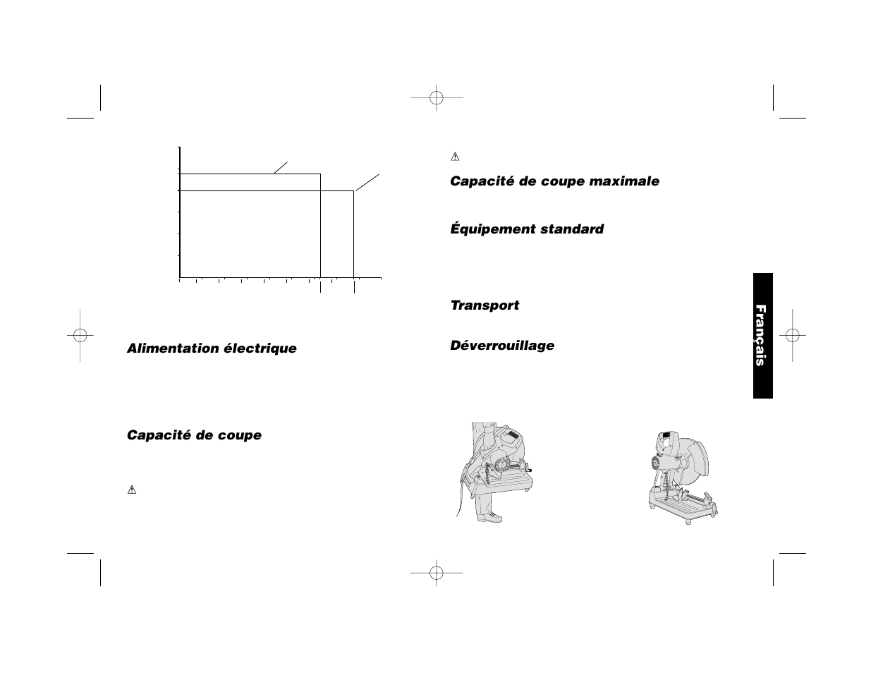 Alimentation électrique, Capacité de coupe, Capacité de coupe maximale | Équipement standard, Transport, Déverrouillage, Français, Stopper pin | Epson DW870 User Manual | Page 15 / 28