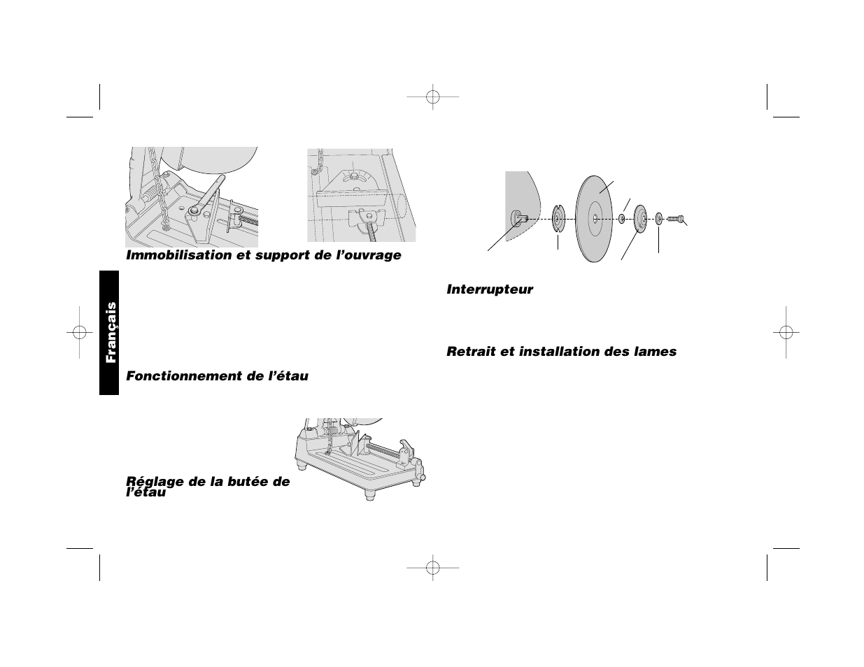 Immobilisation et support de l’ouvrage, Fonctionnement de l’étau, Réglage de la butée de l’étau | Interrupteur, Retrait et installation des lames, Français | Epson DW870 User Manual | Page 16 / 28