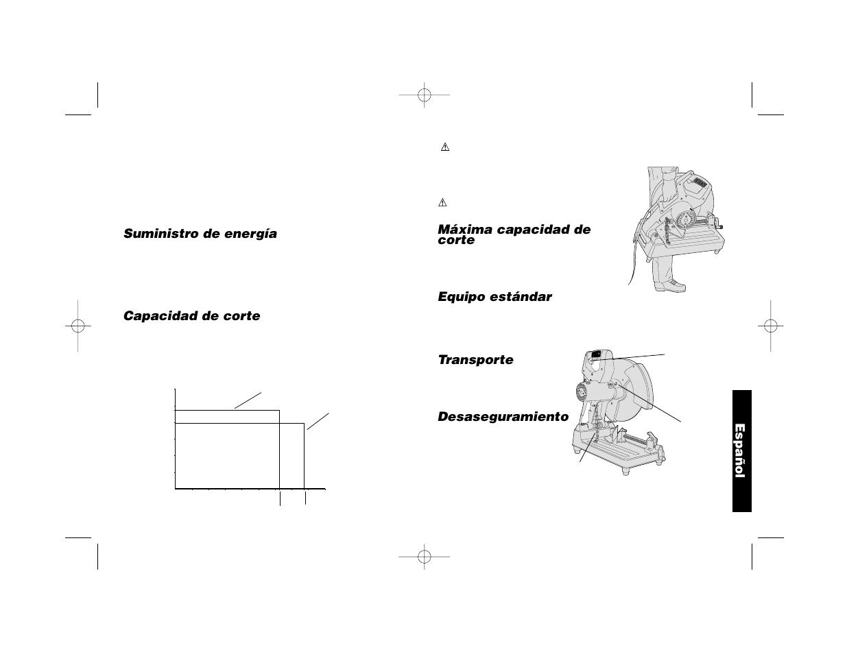 Suministro de energía, Capacidad de corte, Máxima capacidad de corte | Equipo estándar, Transporte, Desaseguramiento, Español, Stopper pin | Epson DW870 User Manual | Page 23 / 28