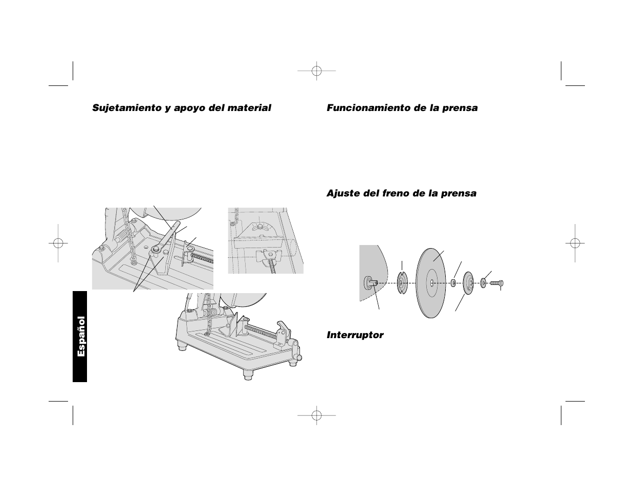Sujetamiento y apoyo del material, Funcionamiento de la prensa, Ajuste del freno de la prensa | Interruptor, Español | Epson DW870 User Manual | Page 24 / 28