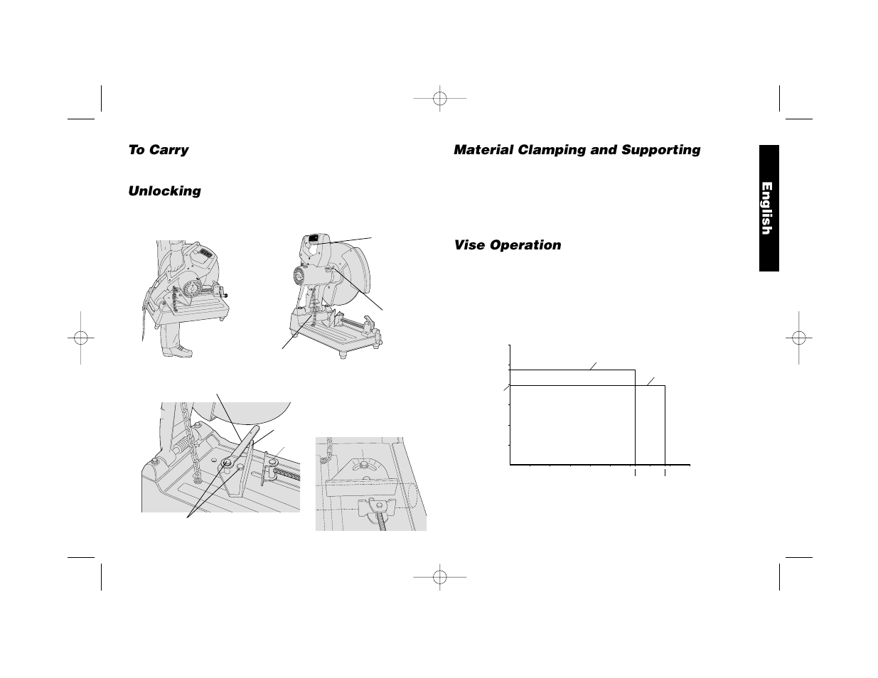 English, Stopper pin, Unlocking | Material clamping and supporting, Vise operation | Epson DW870 User Manual | Page 7 / 28