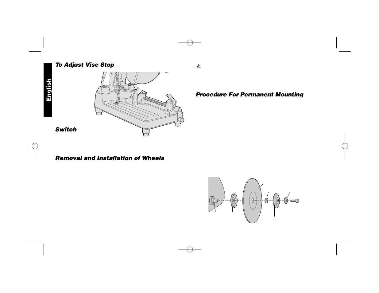 English to adjust vise stop, Switch, Removal and installation of wheels | Procedure for permanent mounting | Epson DW870 User Manual | Page 8 / 28