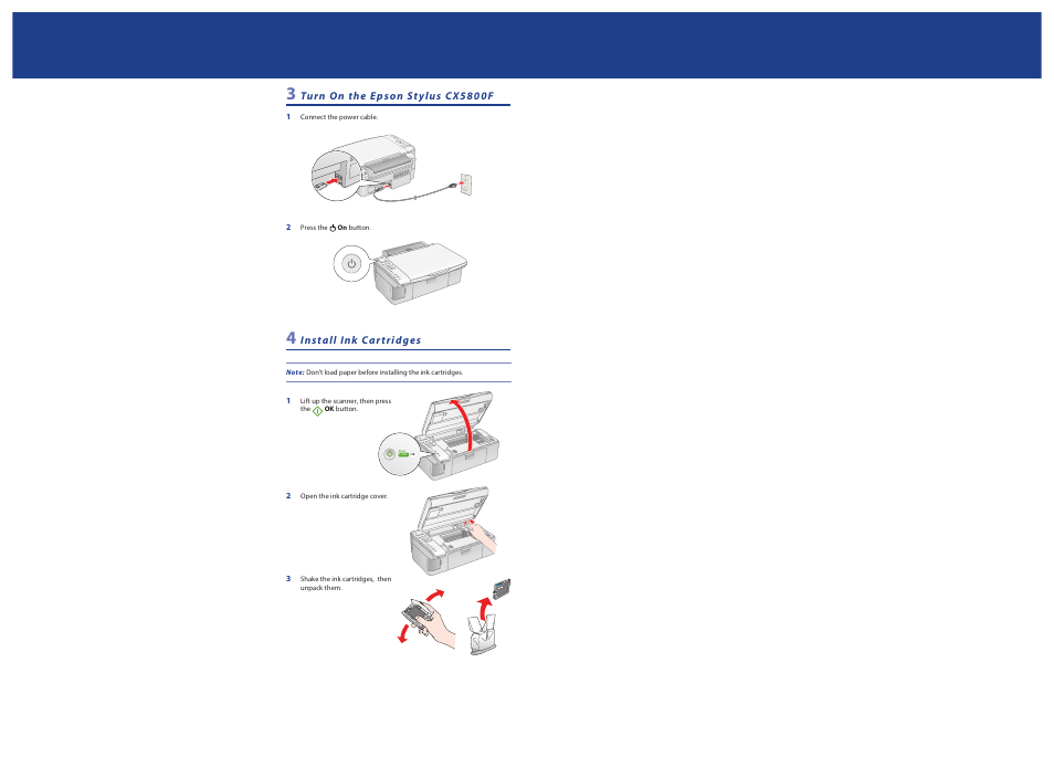 Turn on the epson stylus cx5800f, Install ink cartridges | Epson Stylus CX5800F User Manual | Page 2 / 8