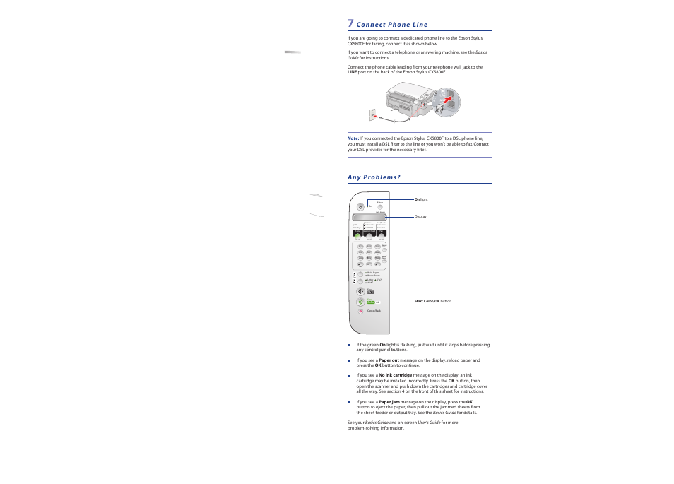 Connect phone line, Any problems, Connec t phone line | Epson Stylus CX5800F User Manual | Page 7 / 8