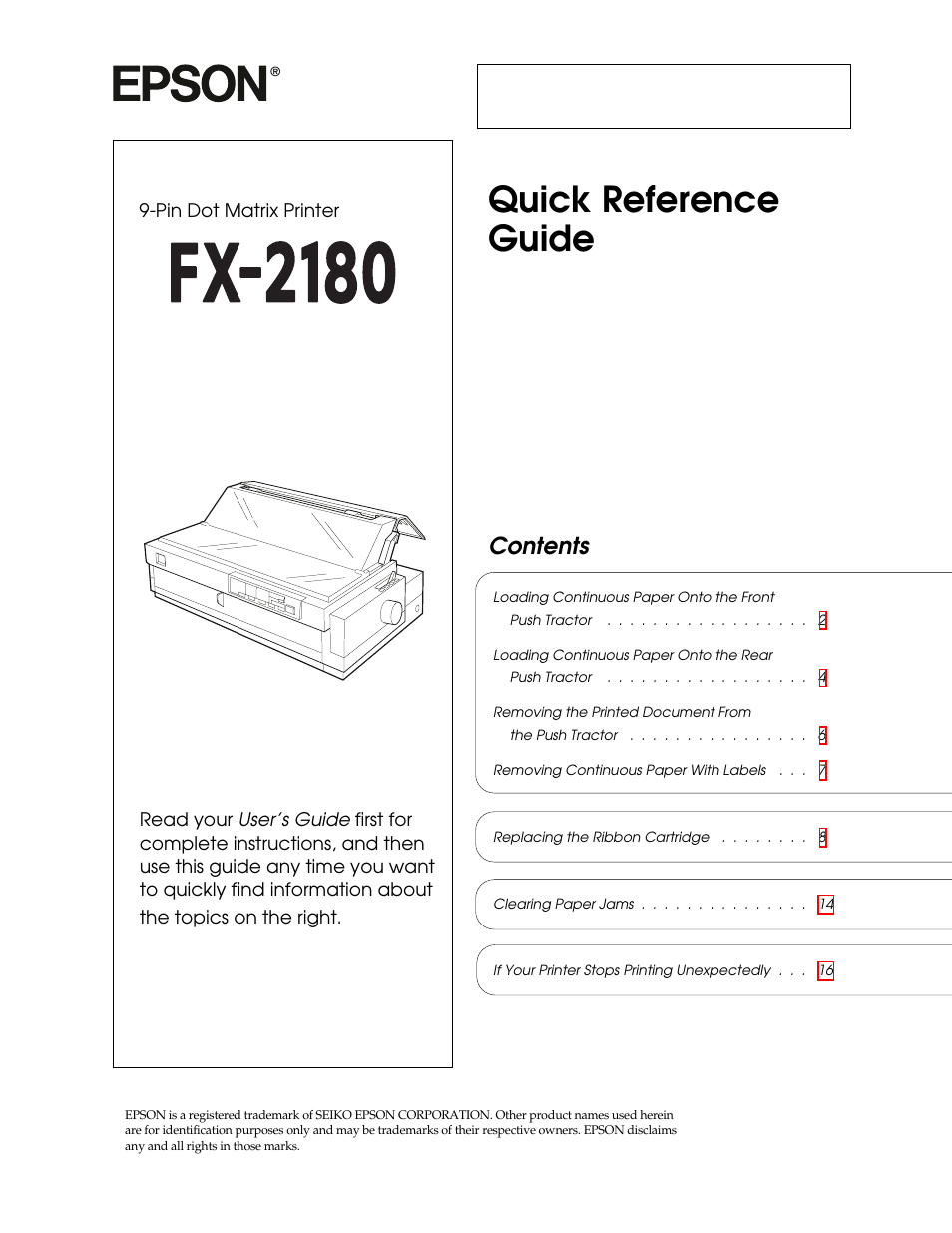 Epson 9-Pin Dot Matrix Printer FX-2180 User Manual | 16 pages