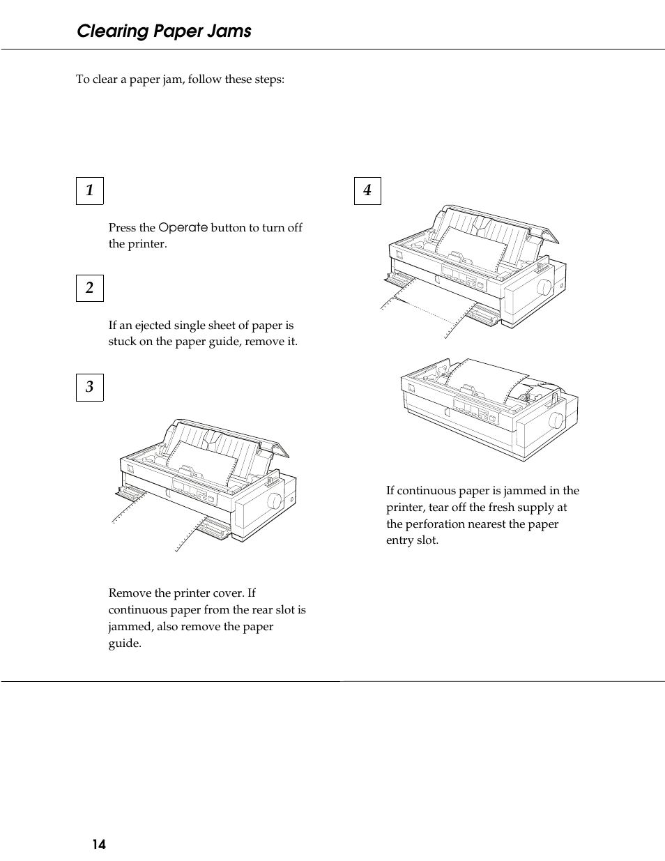 Clearing paper jams | Epson 9-Pin Dot Matrix Printer FX-2180 User Manual | Page 14 / 16