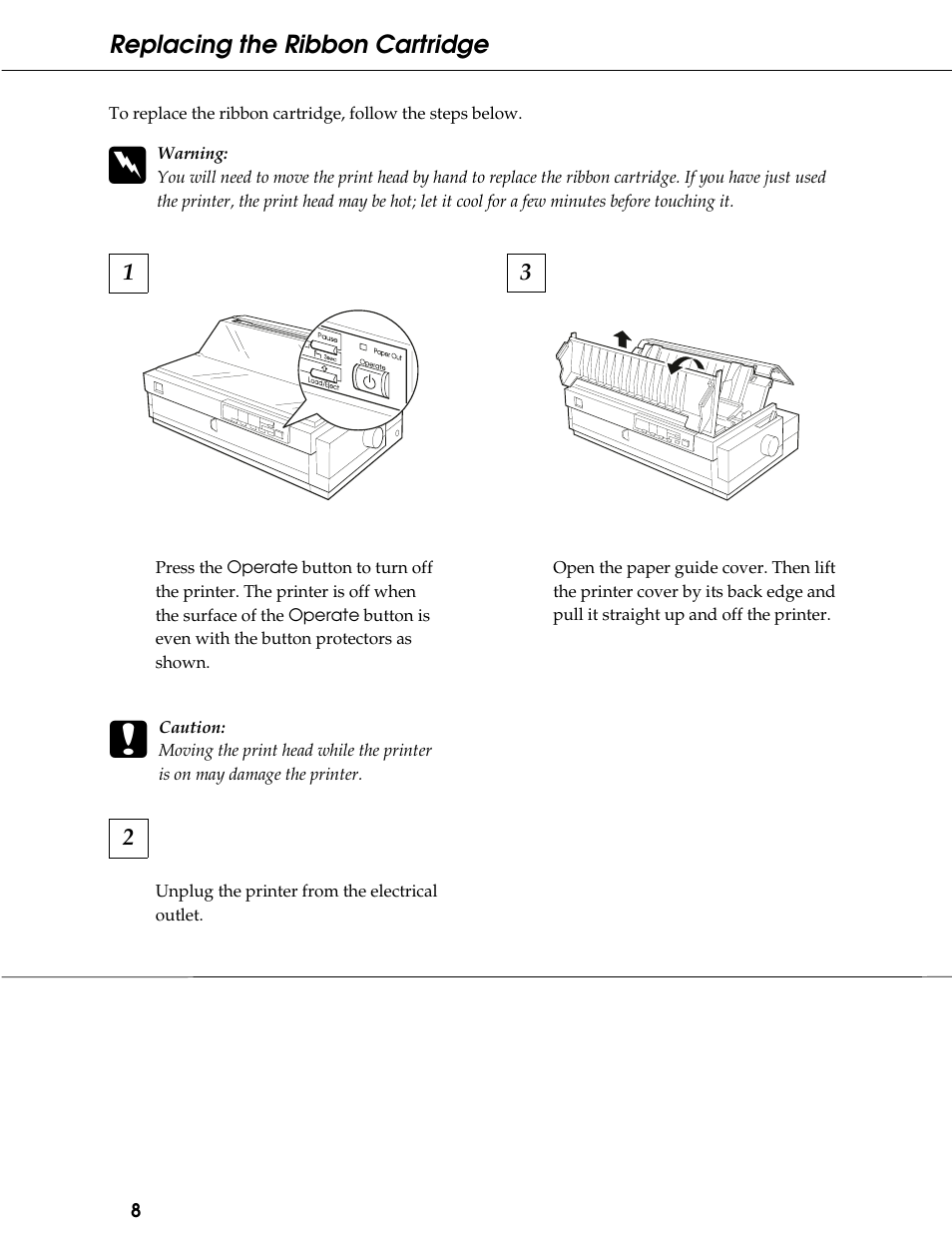 Replacing the ribbon cartridge | Epson 9-Pin Dot Matrix Printer FX-2180 User Manual | Page 8 / 16