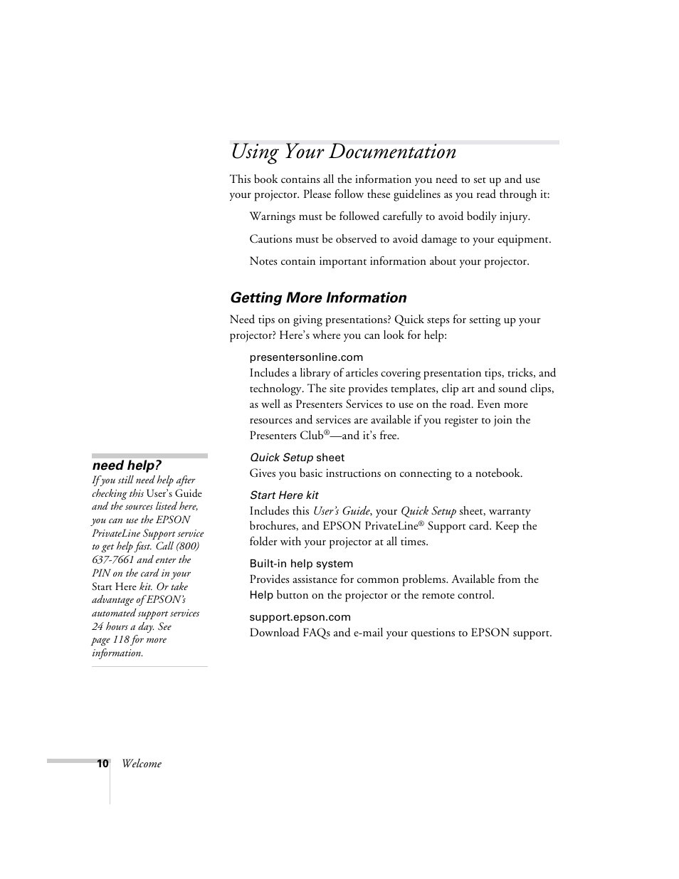 Using your documentation, Getting more information | Epson 9300i User Manual | Page 10 / 140