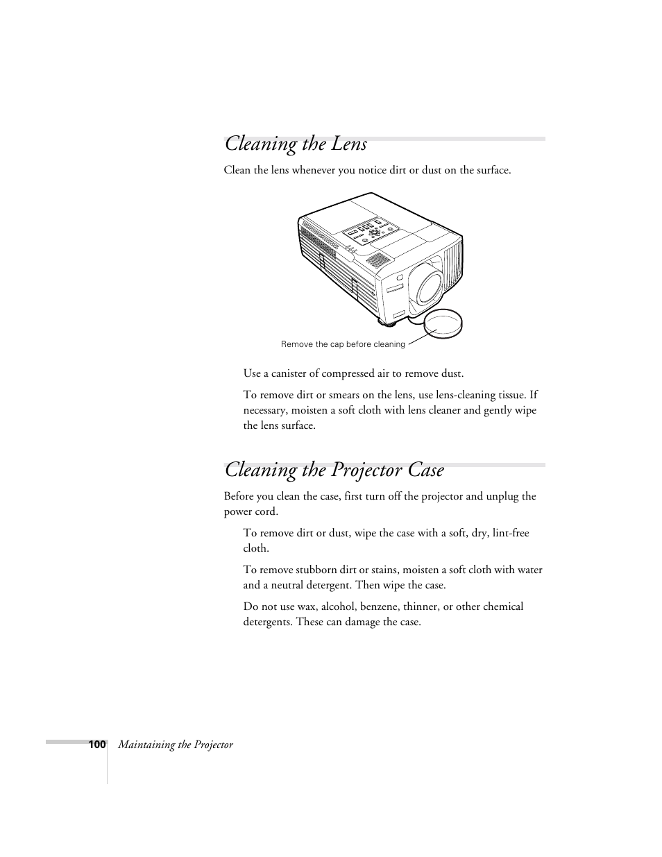 Cleaning the lens, Cleaning the projector case, Cleaning the lens cleaning the projector case | Epson 9300i User Manual | Page 100 / 140