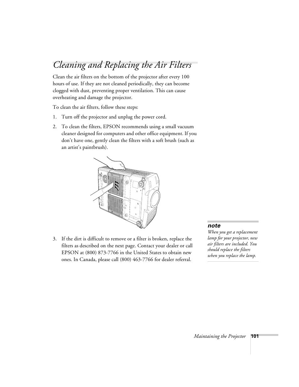 Cleaning and replacing the air filters | Epson 9300i User Manual | Page 101 / 140