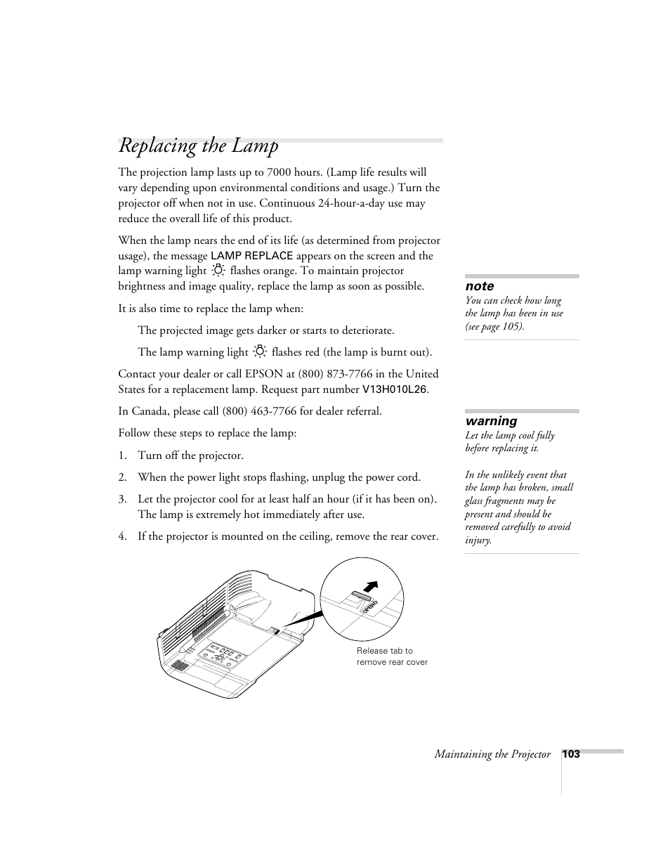 Replacing the lamp | Epson 9300i User Manual | Page 103 / 140