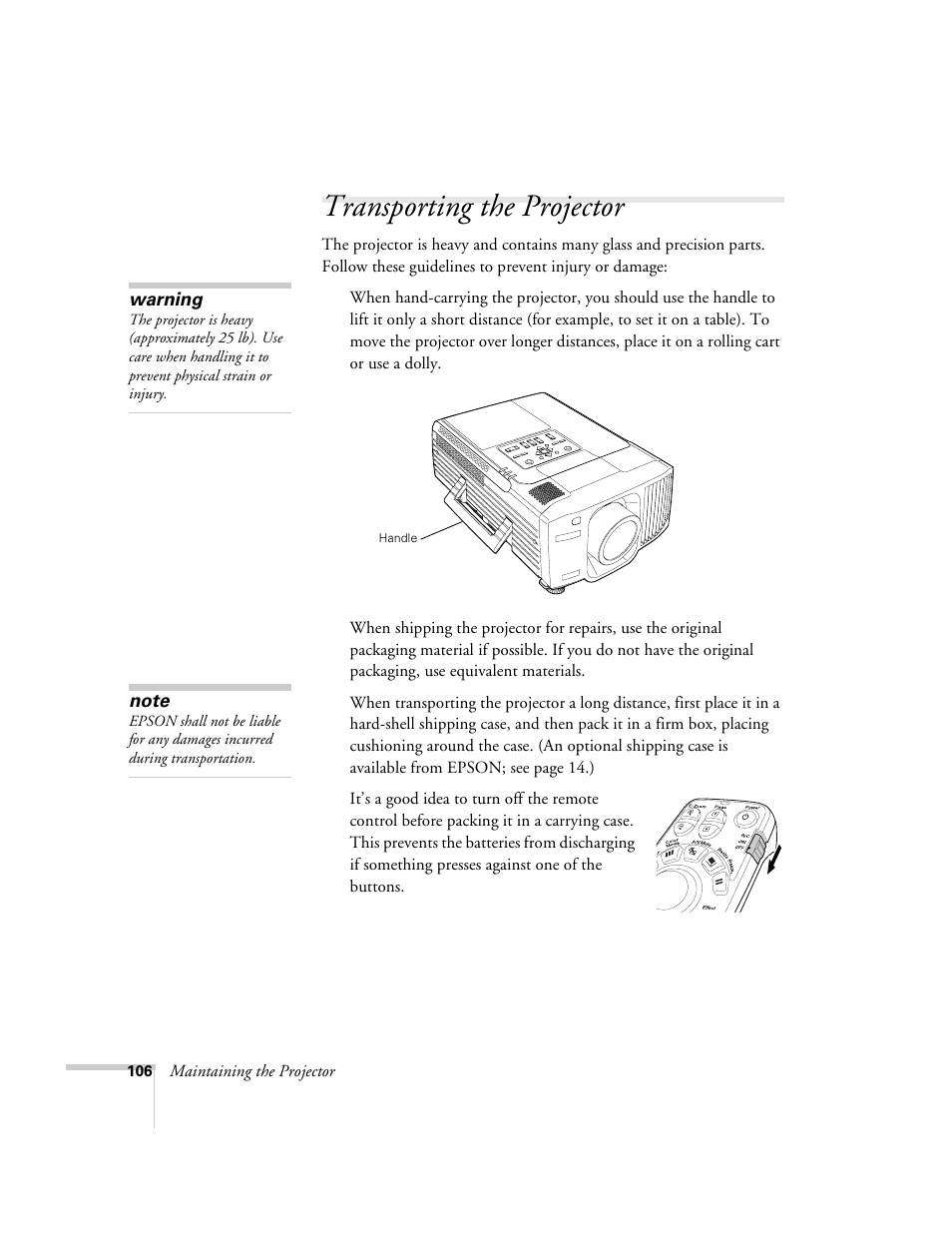 Transporting the projector | Epson 9300i User Manual | Page 106 / 140