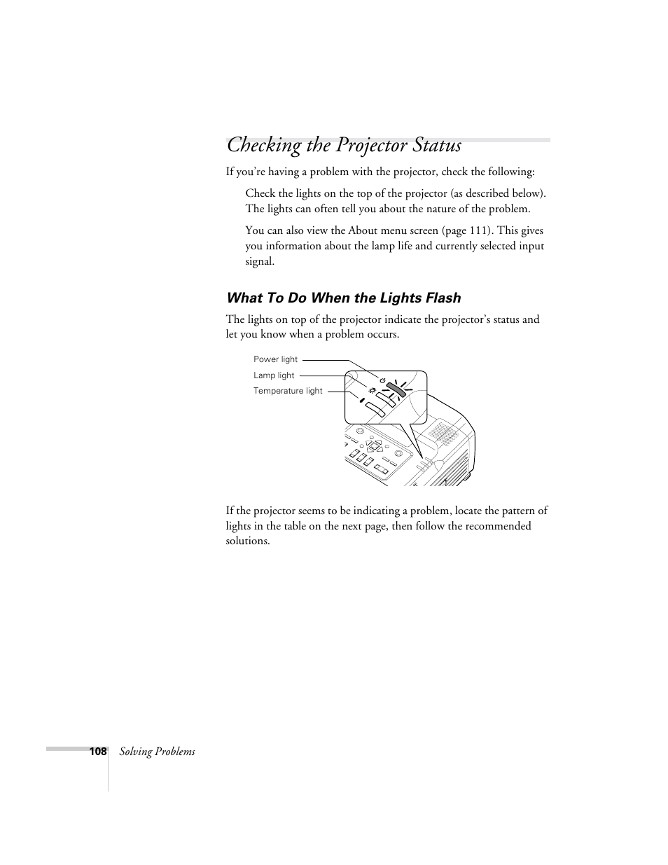 Checking the projector status, What to do when the lights flash | Epson 9300i User Manual | Page 108 / 140