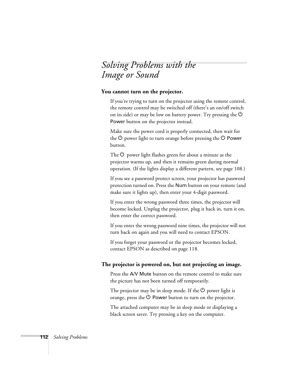 Solving problems with the imageorsound, Solving problems with the image or sound | Epson 9300i User Manual | Page 112 / 140