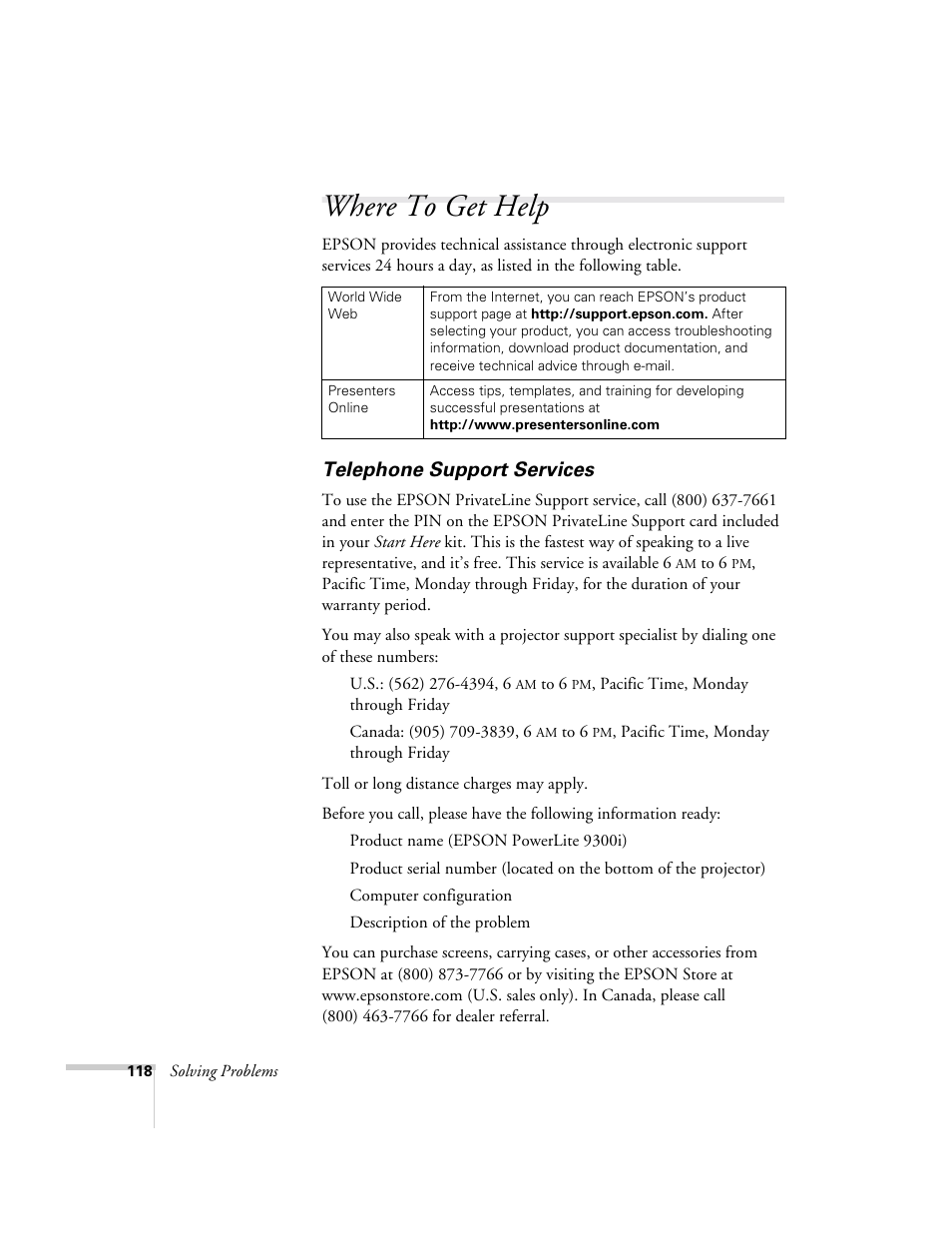 Where to get help, Telephone support services | Epson 9300i User Manual | Page 118 / 140