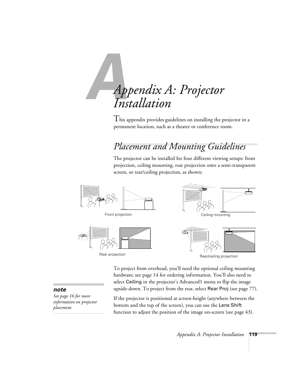 Appendix a: projector installation, Placement and mounting guidelines | Epson 9300i User Manual | Page 119 / 140