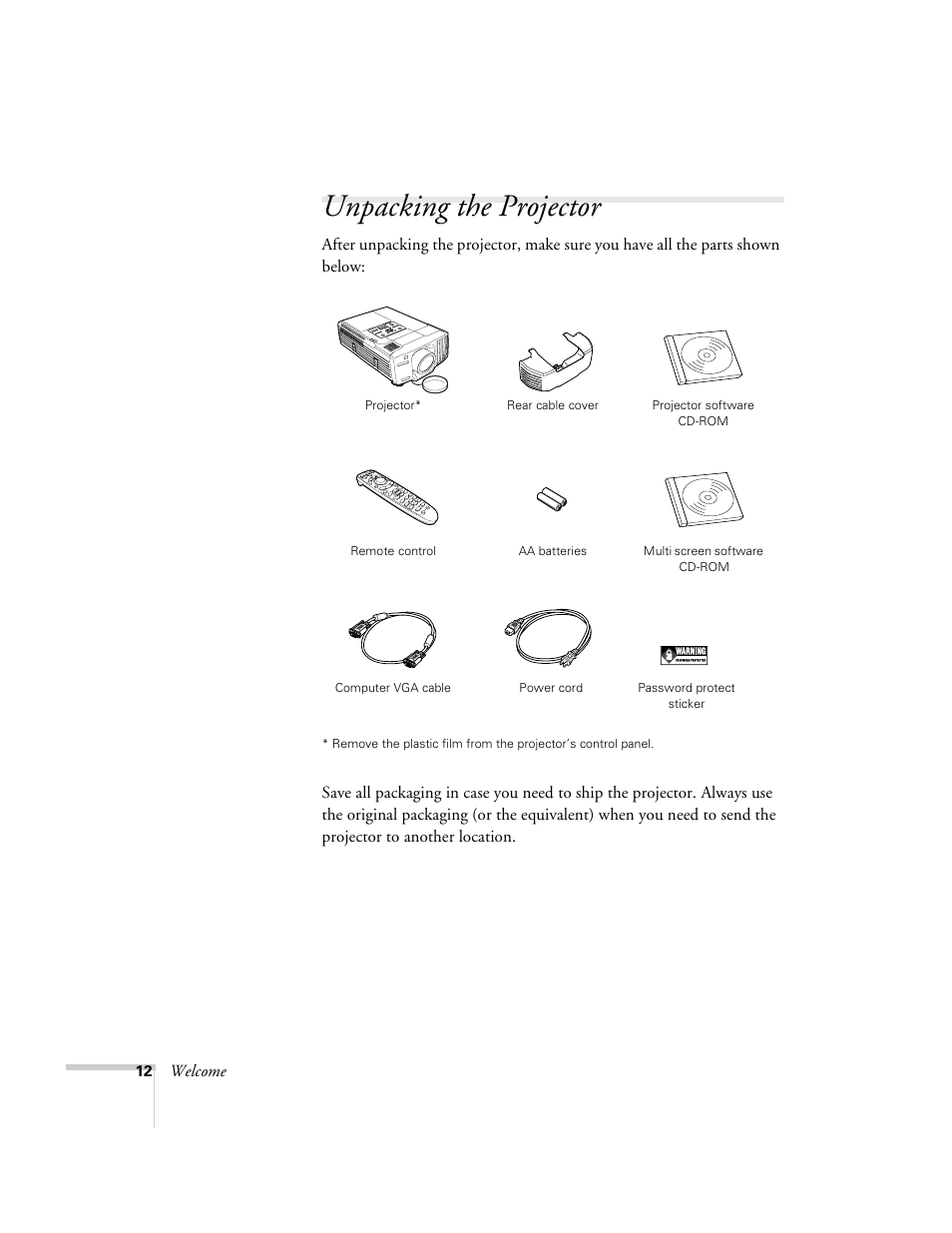 Unpacking the projector | Epson 9300i User Manual | Page 12 / 140