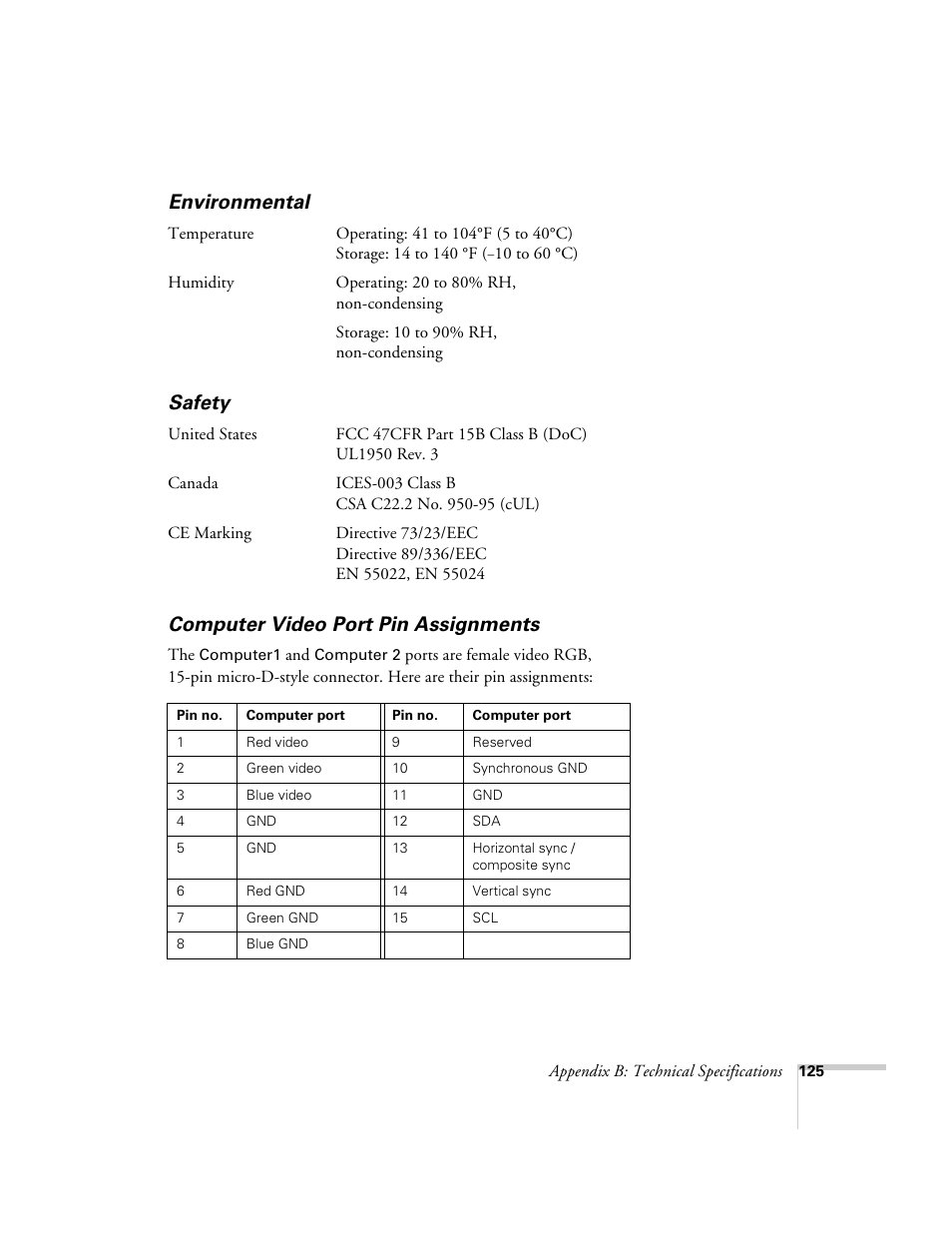 Environmental, Safety, Computer video port pin assignments | Epson 9300i User Manual | Page 125 / 140