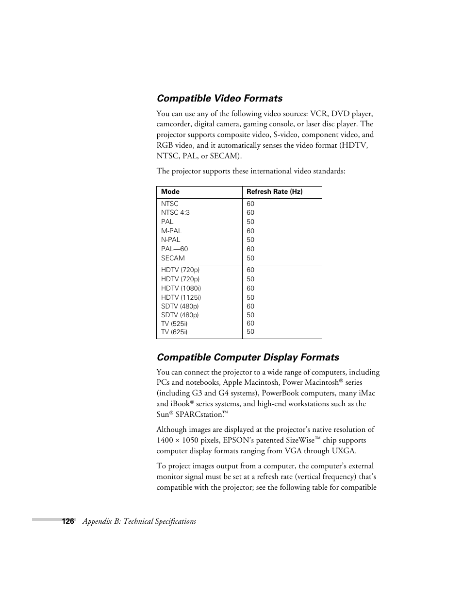 Compatible video formats, Compatible computer display formats | Epson 9300i User Manual | Page 126 / 140