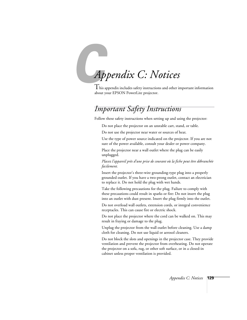 Appendix c: notices, Important safety instructions | Epson 9300i User Manual | Page 129 / 140