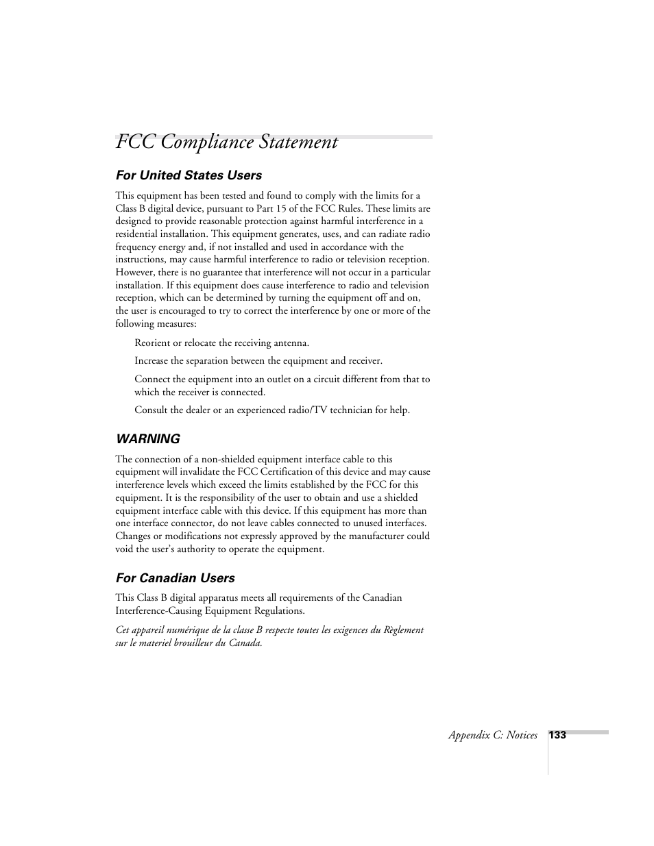 Fcc compliance statement | Epson 9300i User Manual | Page 133 / 140