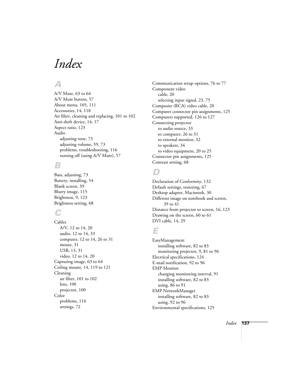 Index | Epson 9300i User Manual | Page 137 / 140