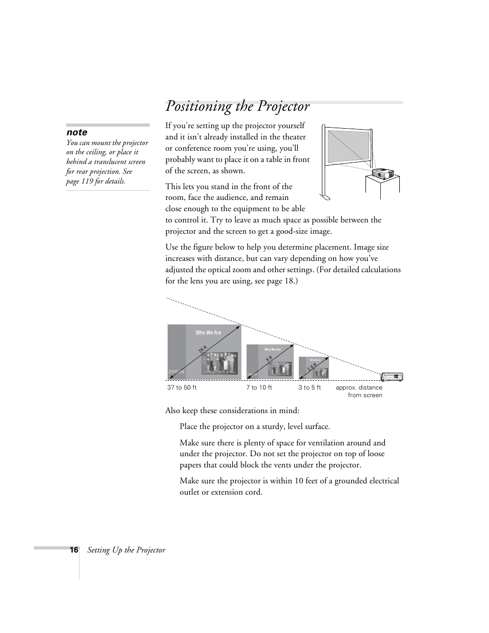 Positioning the projector | Epson 9300i User Manual | Page 16 / 140