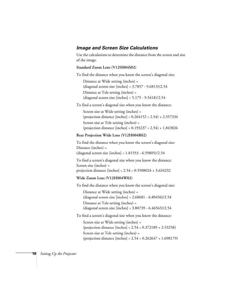 Image and screen size calculations | Epson 9300i User Manual | Page 18 / 140